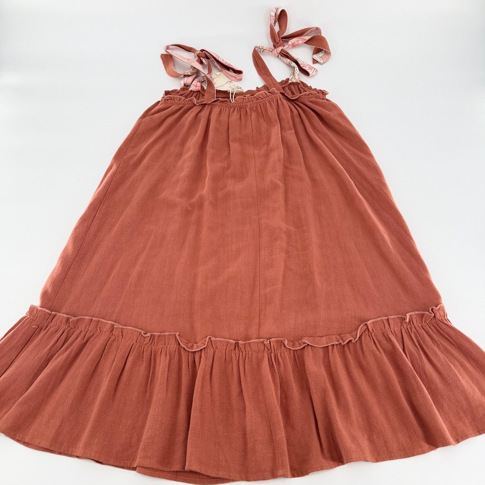 HEM & THREAD Linen Blend Tie Strap Ruffle Mini Dress Rust Large New With Tags - Picture 8 of 11
